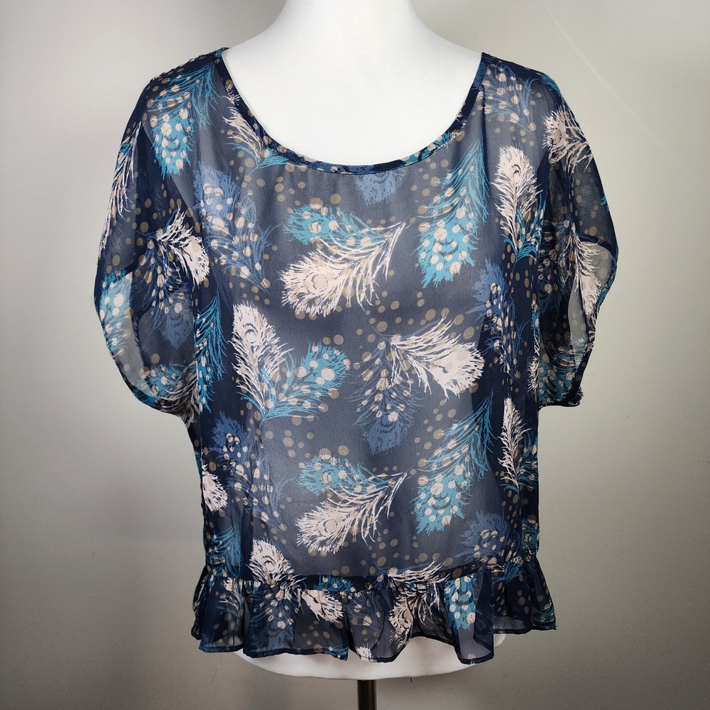 XXI Chiffon Blouse Womens Medium Sheer Feathers Fairy Whimsigoth Dainty Feminine